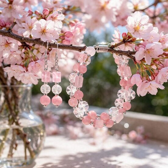 Rozā kvarca un kalnu kristālu rotu komplekts "Sakuras Dārzs"